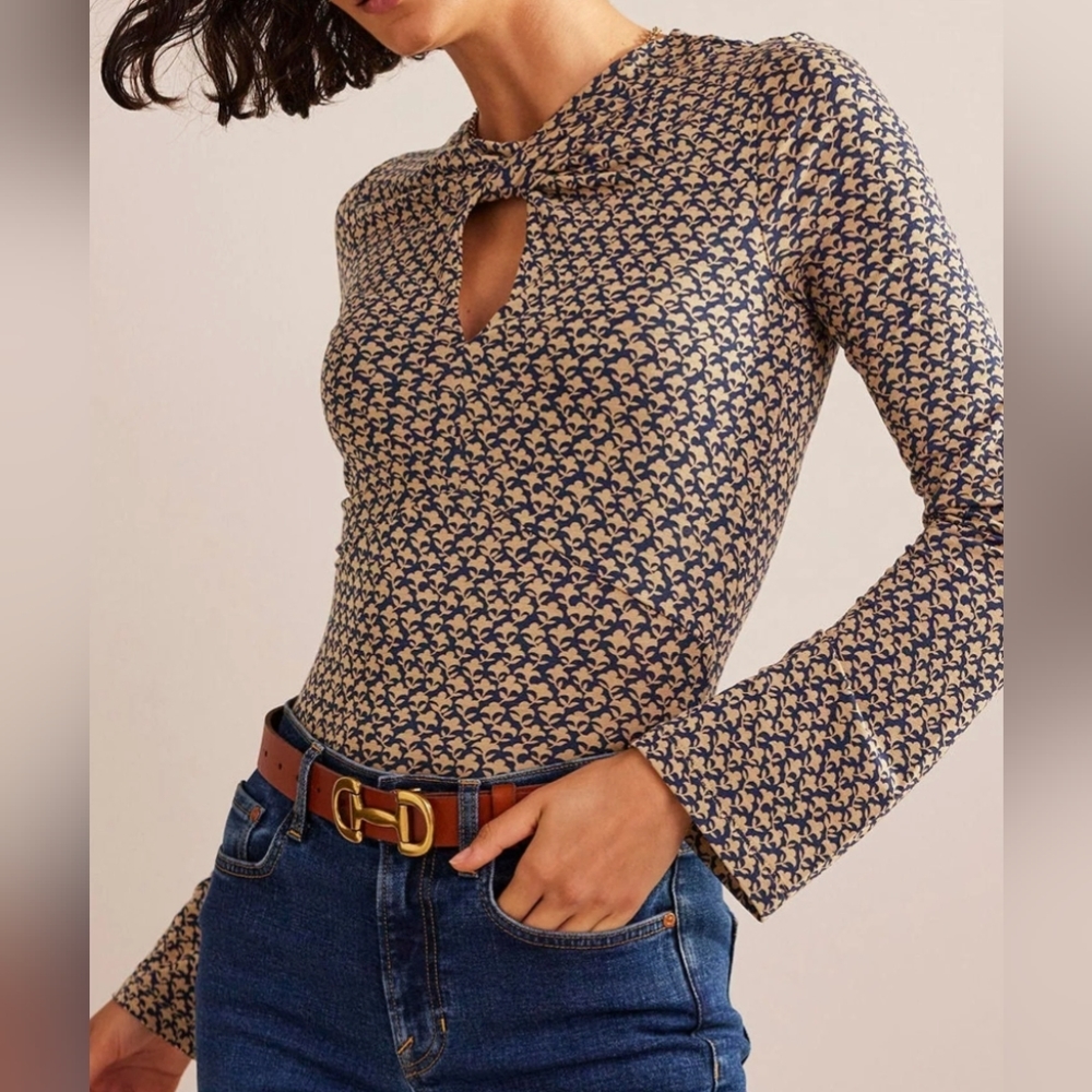 Boden Navy and Cream Keyhole Long-Sleeve Blouse
